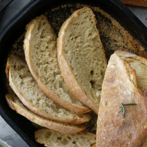 Sliced bread in cast iron pan
