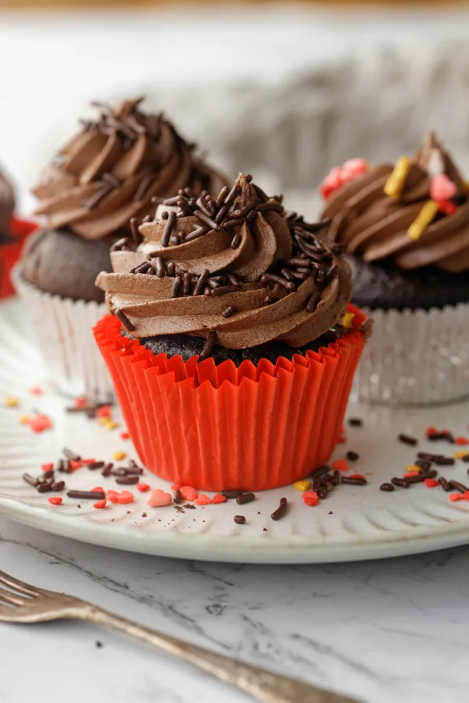 Cupcake with red wrapper on white plate