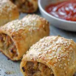 Pork Fennel sausage rolle on tray with bowl of sauce