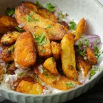 Roasted Potatoes and herb in grey bowl