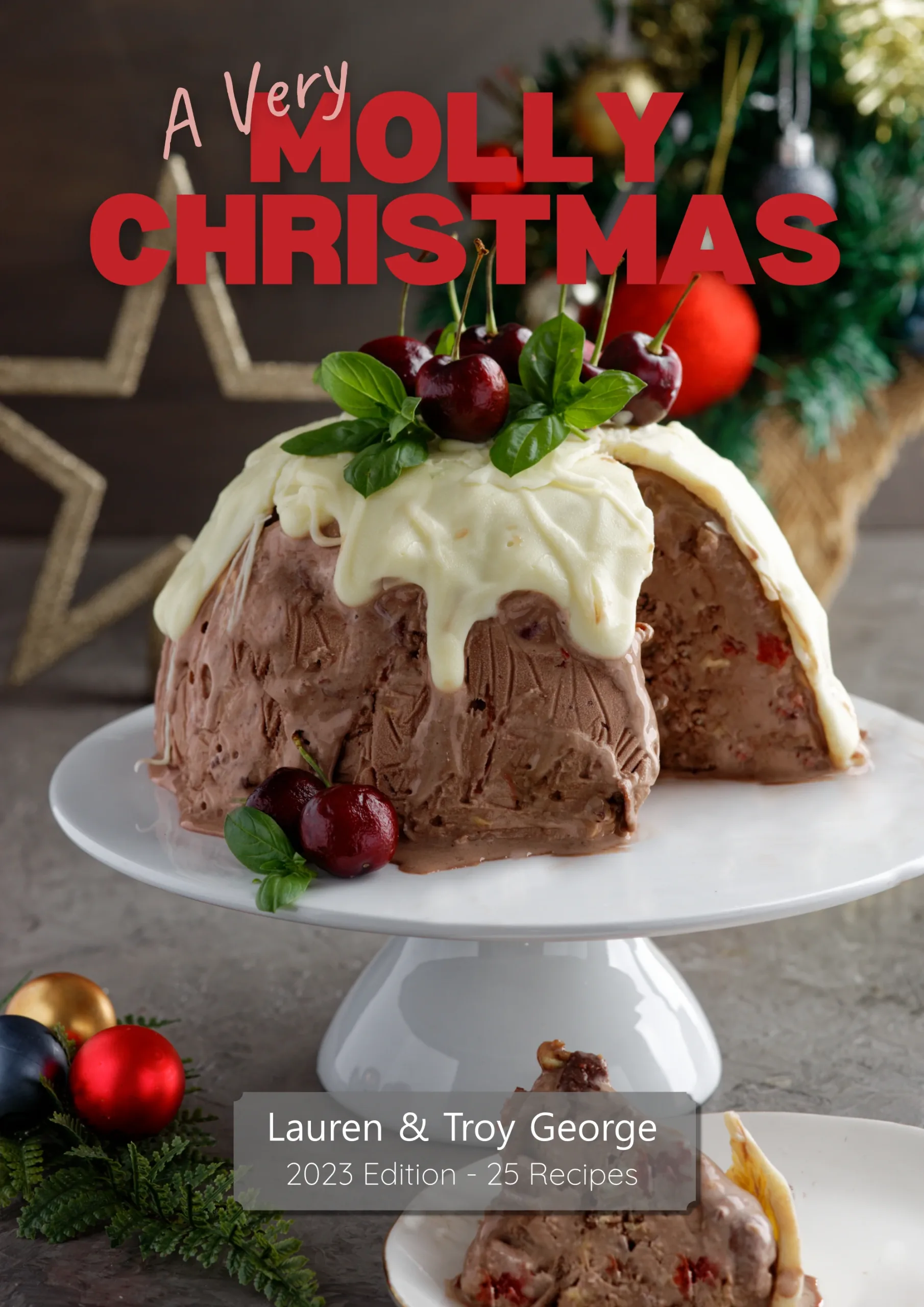A very Molly Christmas eBook cover - Ice-cream cassata with slice removed with Christmas background