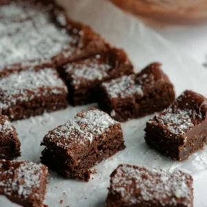 Slices of choc bars sitting on crumpled baking paper with bowl of choc icing in background