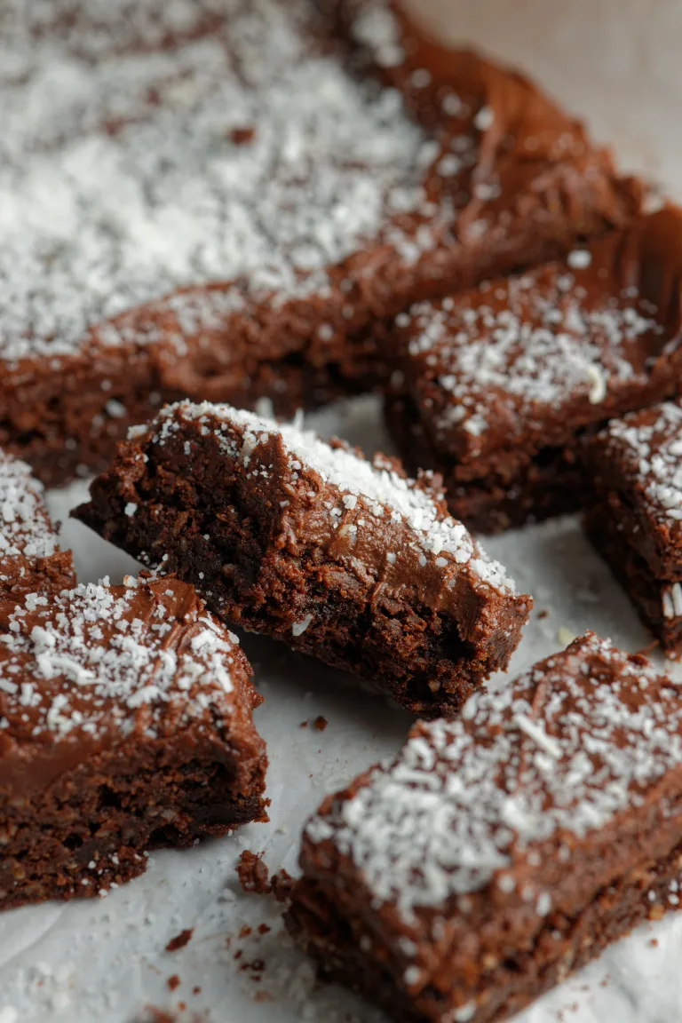 Chocolate Coconut squares with bite mark