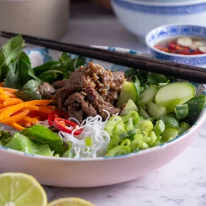 Vietnamese Noodle salad with beef and vegetables
