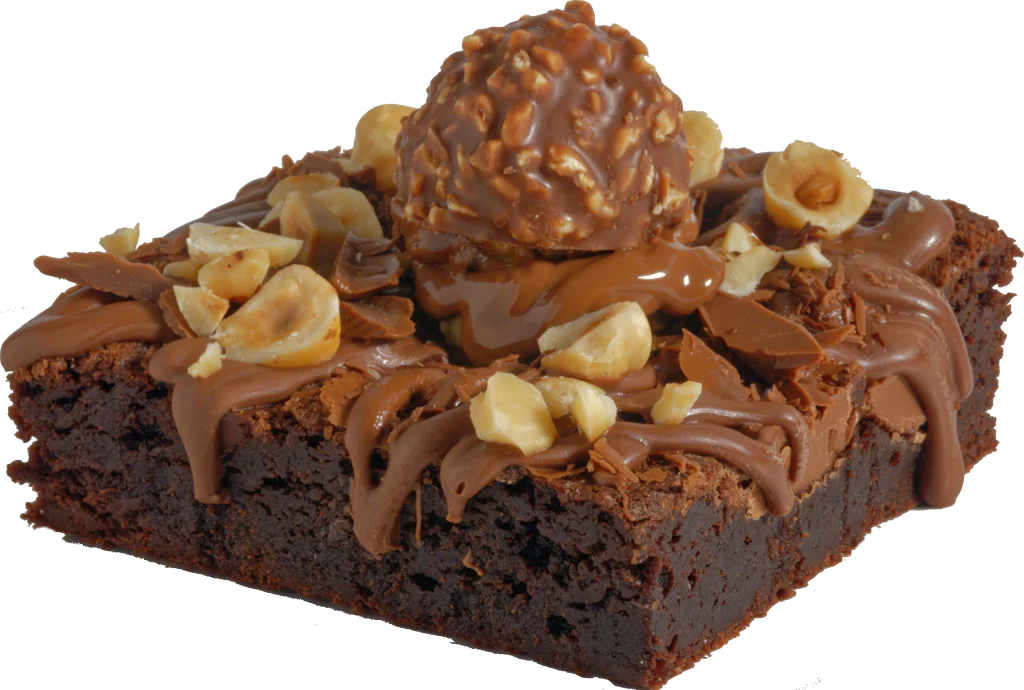 Traditional Chocolate brownie loaded with tempered chocolate, melted Nutella, roasted hazelnuts and a Ferrero Rocher.