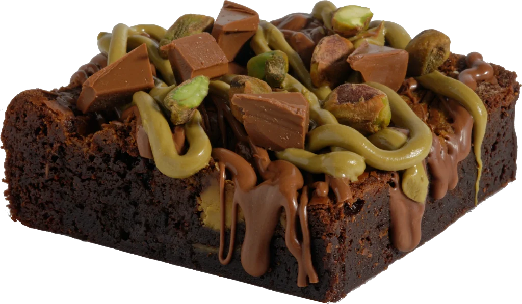 Traditional Chocolate brownie loaded with tempered chocolate, pistachio cream, roasted pistachios and chocolate chunks