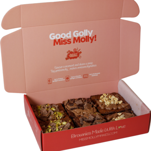 Gluten free loaded brownies covered in tempered milk chocolate in pink red box