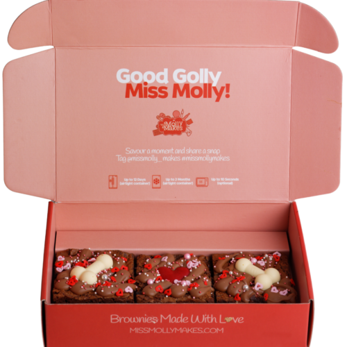 Naughty brownie 3-PACK with penis choc icons and heart in white chocolate and sprinkles