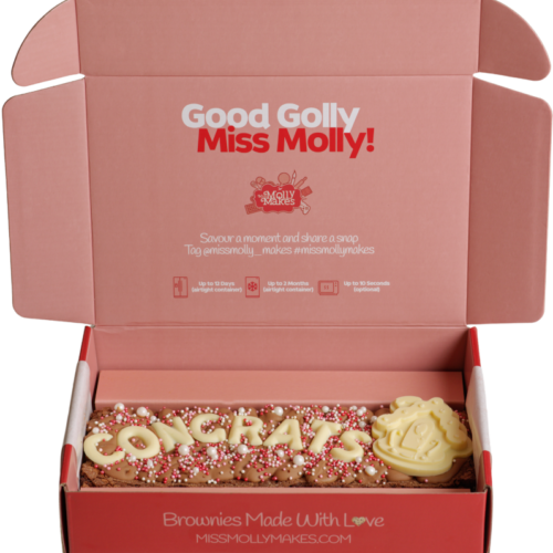 Brownie slab with 'Congrats' in white chocolate letters and sprinkles