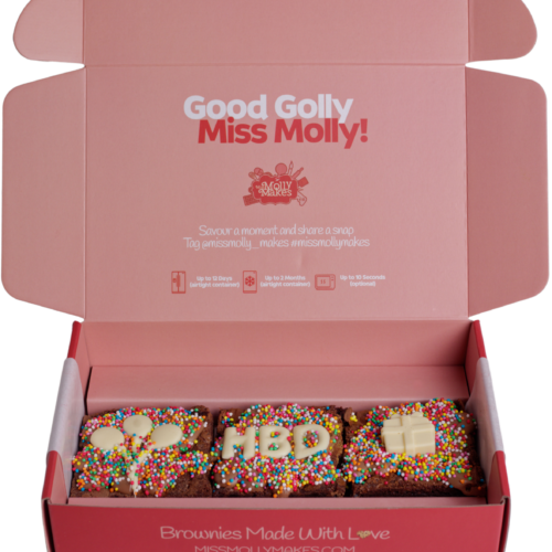 #-pack brownies with 'HBD' in white chocolate letters, presents and balloon chocolate icon and sprinkles