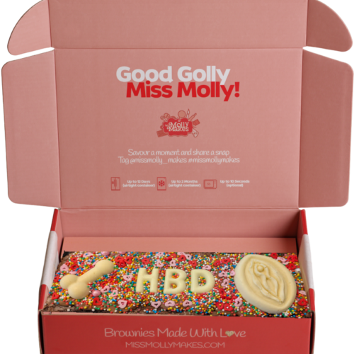 Naughty brownie slab with 'HBD' in white chocolate letters and sprinkles