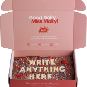 Slab of brownie with 'Write Anything Here' in white chocolate letters and sprinkles