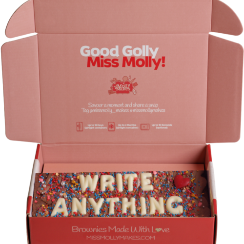 Half Slab of brownie with 'Write Anything Here' in white chocolate letters and sprinkles