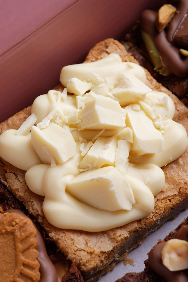 White Choc Blondie close up with white chocolate topping