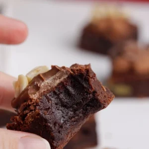 hand holding half bitten brownie bite showing fudgy centre
