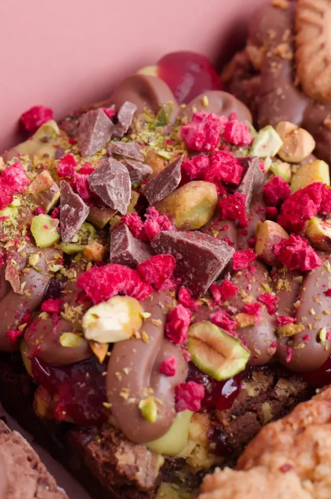 Close up of a raspberry and pistachio brownie topped with chocolate chunks and freeze dried raspberries